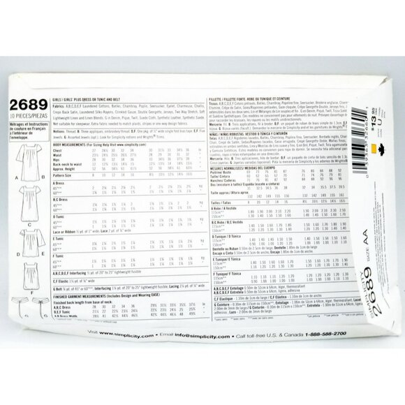 Simplicity Pattern 2689 Girls Clothes Plus Size AA 8-16 Dress Tunic Belt Uncut - Picture 2 of 2